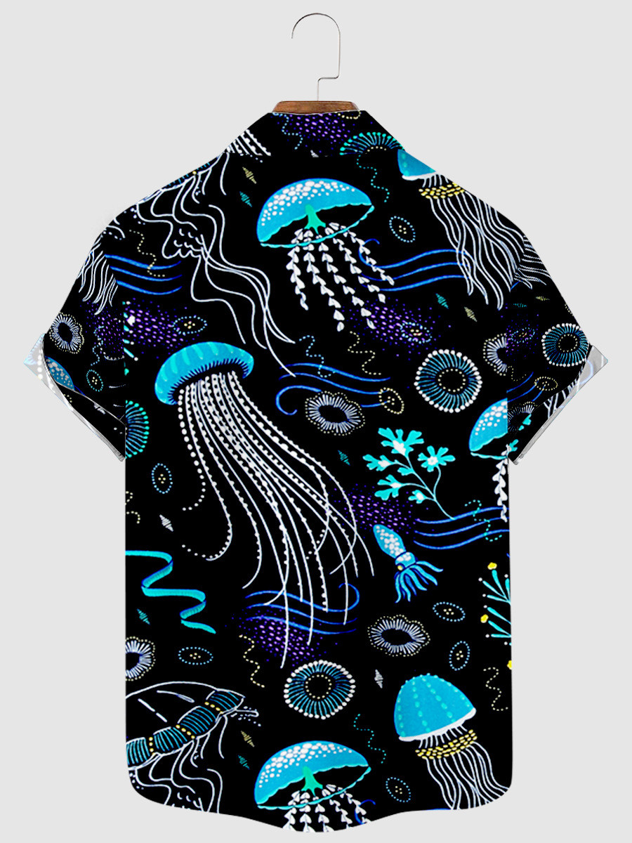 Men's Fashion Summer T-Shirts Hawaiian Jellyfish 3d Print Cozy Casual One Button Shirts Short Sleeve Beach Oversized Shirts